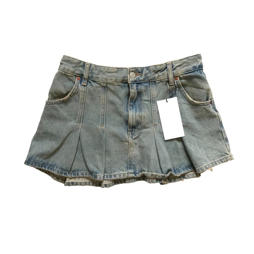NWT Zara Pleated Denim Mini Skirt Womens Medium Blue Box Pleats Pockets Boho NEW